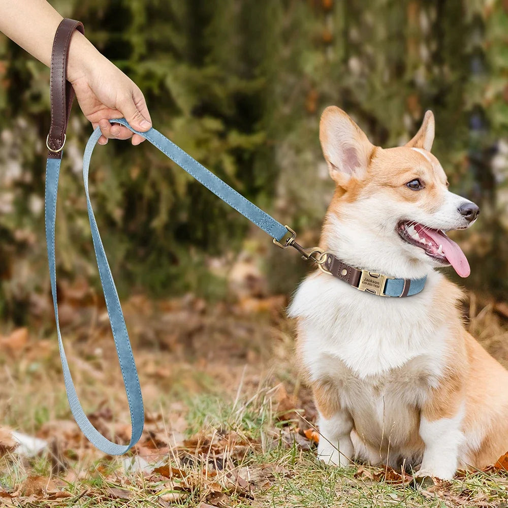 Personalised PU Leather Dog Collar & Leash Set