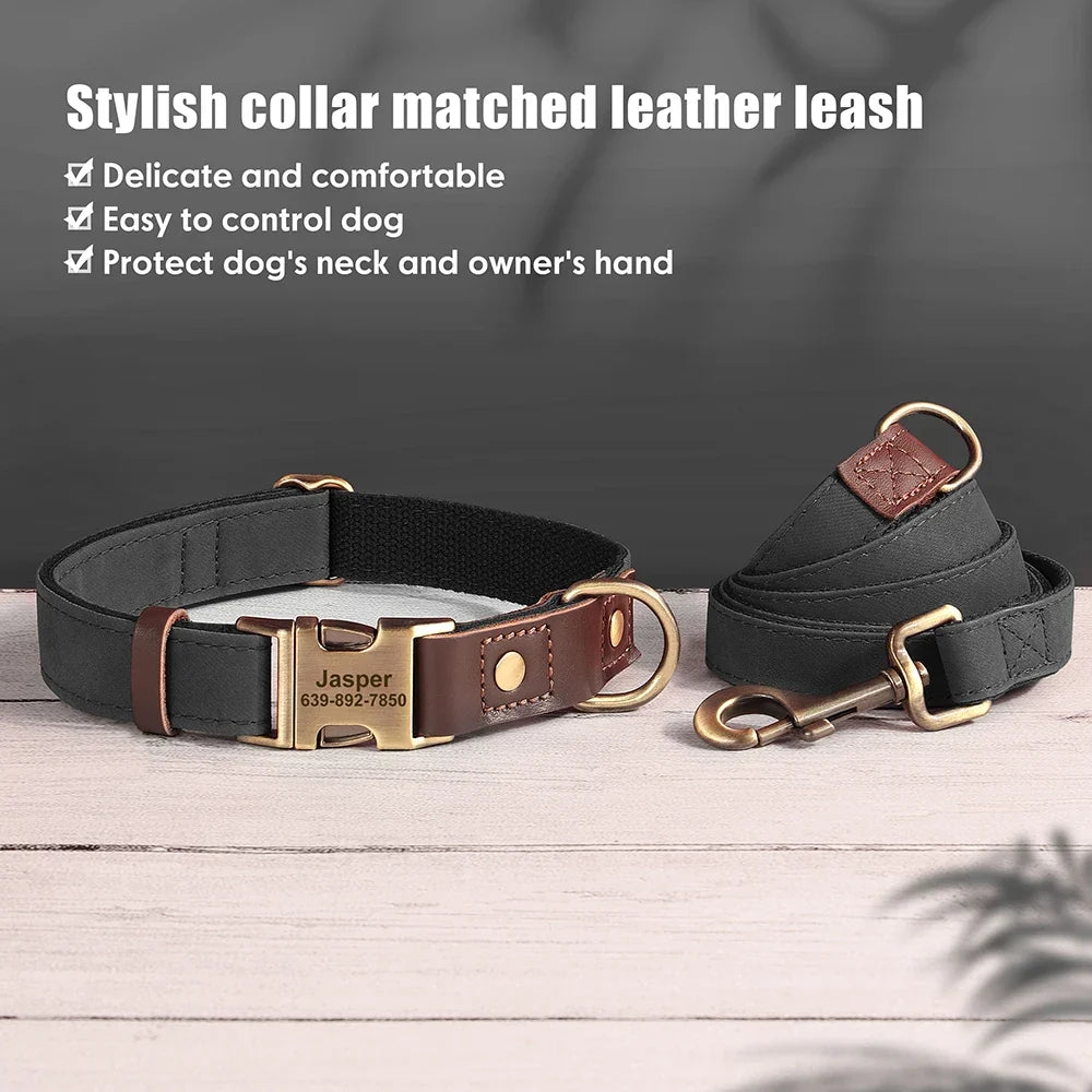 Personalised PU Leather Dog Collar & Leash Set
