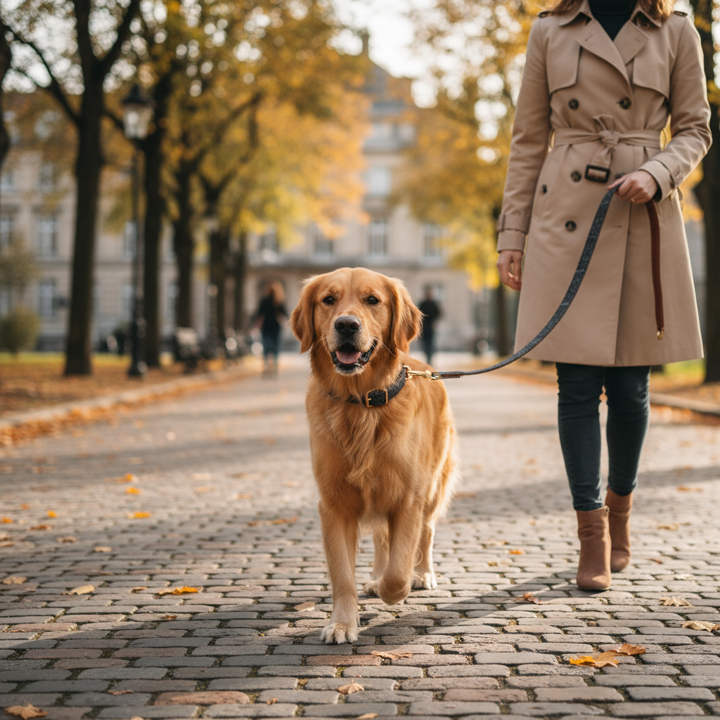 Dog being walked on charcoal grey tweed fabric lead lifestyle shot