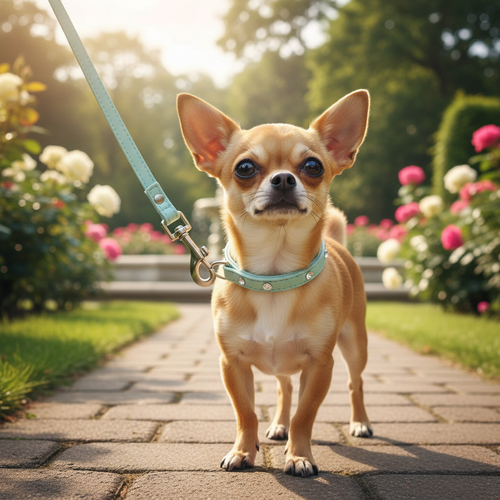 Small dog wearing baby blue rhinestone collar and lead